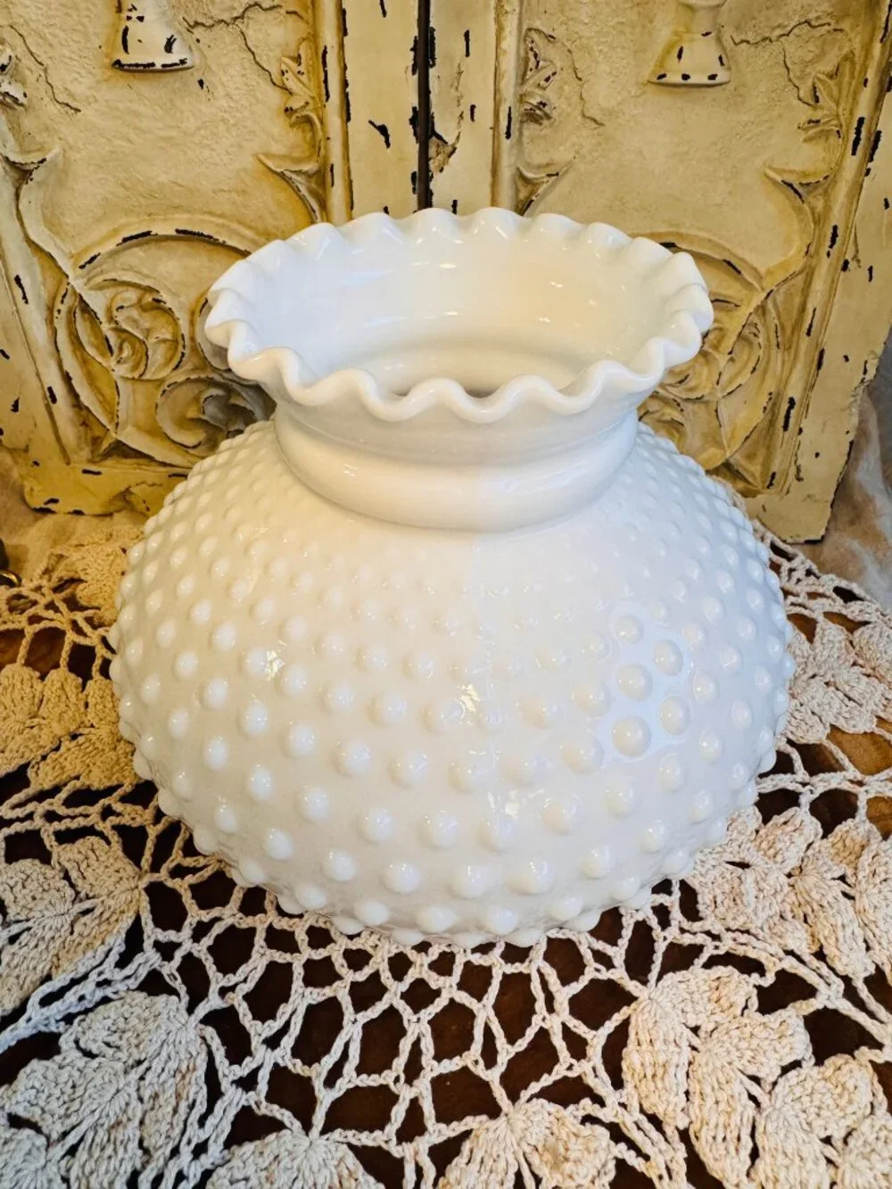 Opal Glass Hobnail Lamp Shade, Crimped Top, 10 inch fitter 1950s Vintage